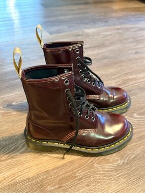 Dr. Martens Women’s Burgundy Leather Lace-Up Boots with Yellow Pull Tabs